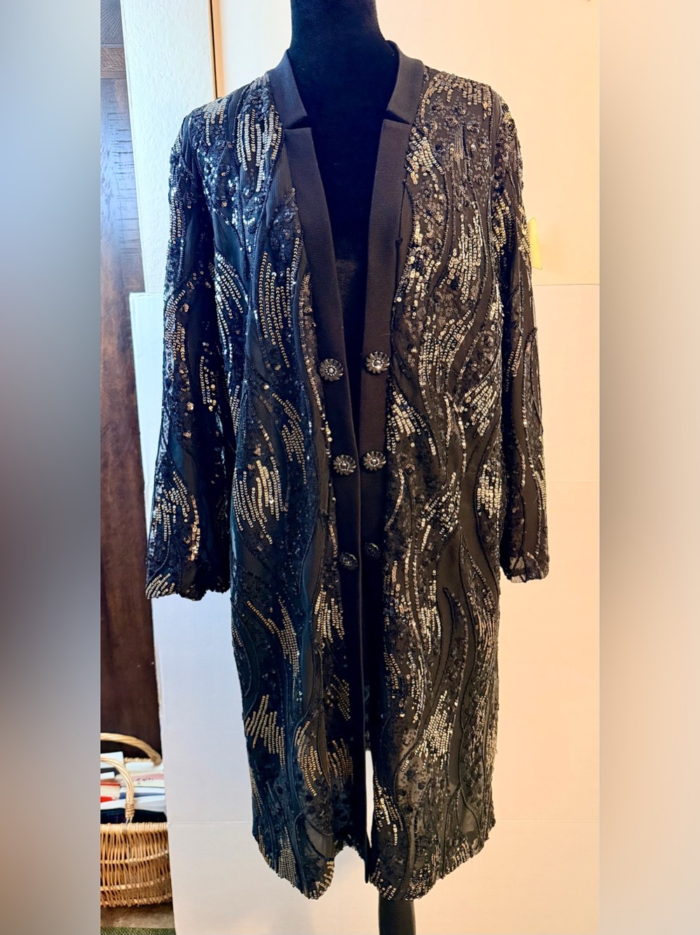 Misook Black Beaded Long Robe Coat